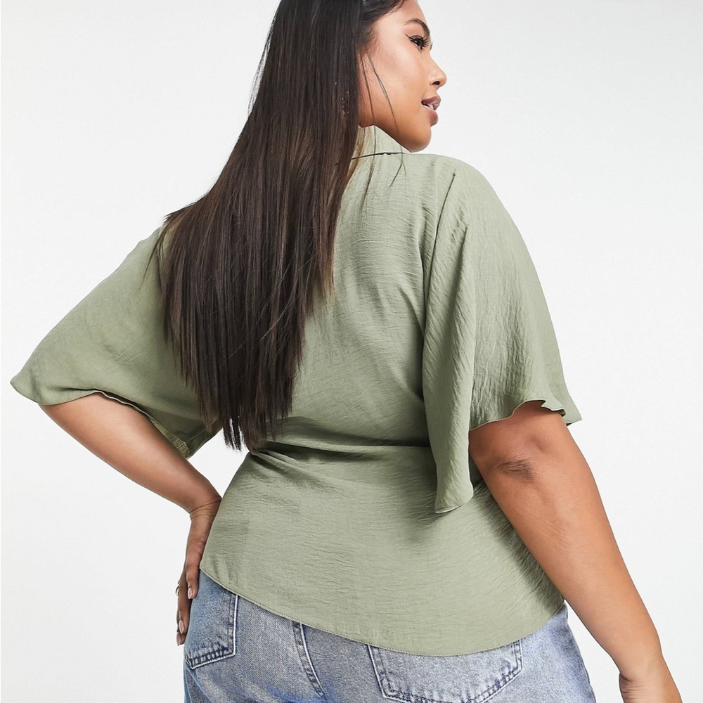 Asos Design Curve Collared Wrap Blouse In Khaki - image 2